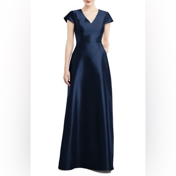 Alfred Sung Navy Satin Ball Gown Maxi Wedding Dress Prom Red Carpet Designer 4 - Picture 3 of 11
